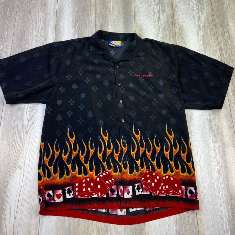 VINTAGE XNT Las Vegas Shirt Men XL Black Dice Fire Card Flame Button Up Men *